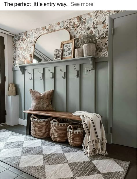 Hallway Ideas Cottage, Narrow Front Hallway Ideas, Country Home Hallway, English Country Hallway, Old Farmhouse Mudroom, Entry Way Makeover Diy, Cottagecore Foyer, Long Hallway Entryway Ideas, Boho Mudroom