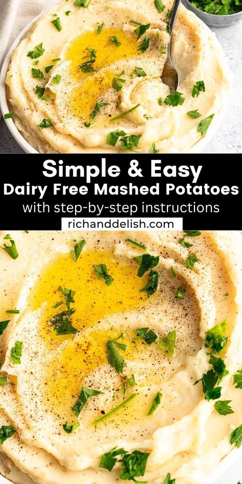 These dairy free mashed potatoes are the perfect side dish, creamy, smooth, and savory, and come together in 30 minutes! Lactose Free Side Dishes, Mashed Potatoes Recipe Cheesy, Thanksgiving Recipes Dairy Free, Gluten Free Mashed Potatoes Recipe, Dairy Free Thanksgiving Side Dishes, Non Dairy Mashed Potatoes, Dairy Free Potato Recipes, Dairy Free Mashed Potatoes Recipe, Gluten Dairy Free Mashed Potatoes