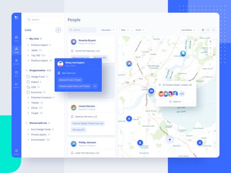 UGEM Funds people tool - map view by Liev Liakh for UGEM on Dribbble Ui Ux 디자인, Dashboard Ui, Dashboard Design, Ui Design Inspiration, Web App Design, Map Design, Mobile Design, Show And Tell, Event Management