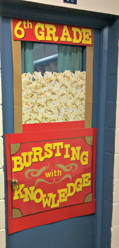 Popcorn themed classroom door Popcorn Door Decorations Classroom, Popcorn Decorations Classroom, Popcorn Classroom Door, Carnival Theme Classroom Door, Popcorn Door Decoration, Food Theme Classroom Decorations, Carnival Classroom Door, Food Theme Classroom, Popcorn Bulletin Board Ideas