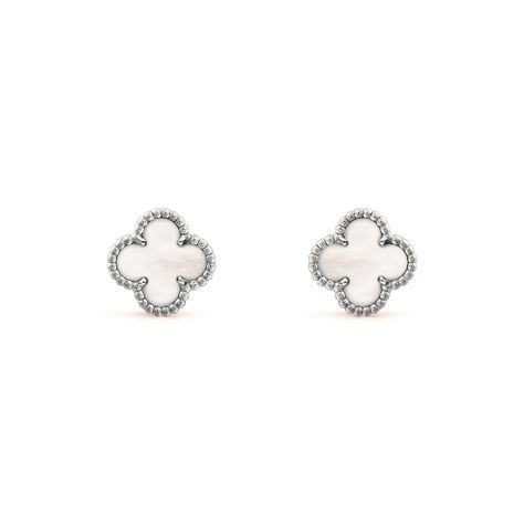 Sweet Alhambra earstuds, white gold, white mother-of-pearl. Van Cleef White Gold, Van Cleef Earrings, Alhambra Pendant, Van Cleef And Arpels Jewelry, Van Cleef & Arpels, Fragrance Gift, Jewelry Lookbook, Van Cleef Arpels, Mother Pearl