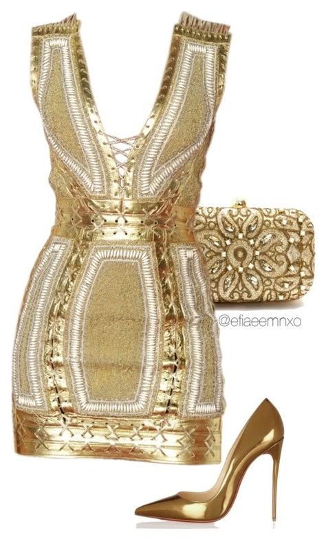 "Golden girl" by efiaeemnxo ❤ liked on Polyvore featuring moda, Christian Louboutin, gold, christianlouboutin, balmain, sbemnxo e styledbyemnxo Gold Outfit Party, Gold Outfit, Outfit Party, Gold Dress, Heel Shoes, Look Fashion, Evening Wear, Passion For Fashion, Classy Outfits