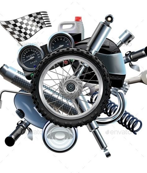 Vector Motorcycle Spares with Wheel by dashadima | GraphicRiver Bike Spare Parts, Studio Background Ideas, Motorcycle Mechanic, Hd Motorcycles, Car Wash Services, Motorcycle Logo, Church Poster Design, Vector Graphics Design, Street Racing Cars