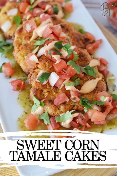 These Sweet Corn Tamale Cakes are an easy copycat version of the famous Cheesecake Factory Recipe! Tender, sweet corn patties are topped with Tex-Mex flavors for the ultimate in sweet, savory and spicy flavors! This works as an appetizer or a main dish (if you don't want to share!!!). Cheesecake Factory Corn Tamale Cakes, Sweet Corn Cakes Mexican, Sweet Corn Tamale Cakes, Corn Tamale Cakes, Tamale Cakes, Cheesecake Factory Recipe, Mexican Sides, Corn Patties, Affordable Meal Plans