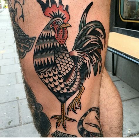 Traditional Rooster Tattoo Design, Rooster American Traditional Tattoo, American Traditional Farm Tattoo, American Traditional Chicken Tattoo, Roaster Tattoo, Gamecock Tattoo, Rooster Tattoo Traditional, Roster Tattoos, Traditional Chicken Tattoo