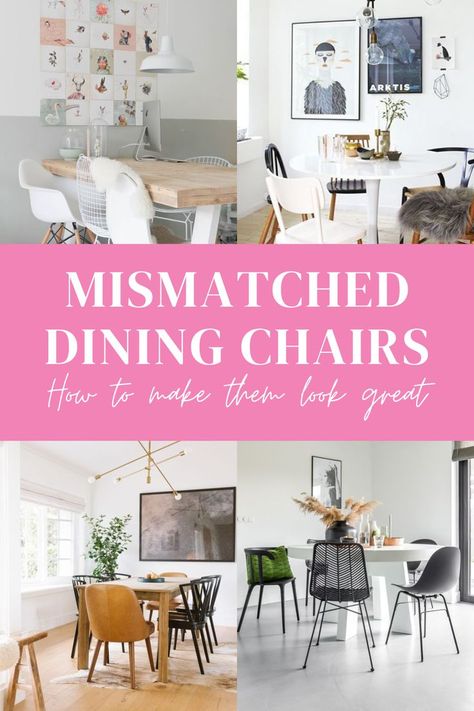 mismatched dining chairs Mixed Chairs Dining Table, Dining Room Chairs Mismatched, Mismatched Dining Chairs Round Table, Different Dining Chairs Mix Match, Round Table With Mismatched Chairs, Mismatched Wooden Dining Chairs, Dining Chair Mix And Match, Mixing Chairs At Dining Table, Dining Room Different Chairs