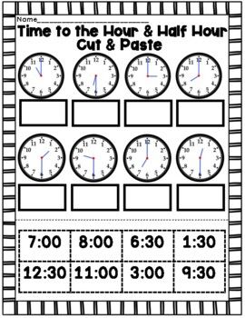 Learn to tell time to the hour and half hour with this cut and paste practice worksheet. #tellingtime #time #math Half Past The Hour Worksheets, Math Worksheets For Kids, Homeschool Binder, Telling Time To The Hour, Letters Worksheets, Fun Math Worksheets, Math Practice Worksheets, Learn To Tell Time, Time To The Hour