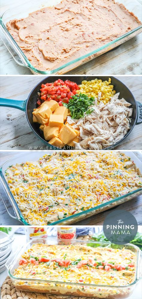 BEST DINNER EVER! This Queso Chicken Casserole is what dreams are made of. Loaded with melted cheese, Rotel tomatoes, refried beans and tender chicken, this easy to make casserole is both quick and delicious. If you love comfort food, this recipe is perfect! Recipes Shredded Chicken, Best Queso, The Pinning Mama, Queso Chicken, Chicken Casserole Recipe, Rotel Tomatoes, Green Chiles, Recipes Casserole, Best Dinner