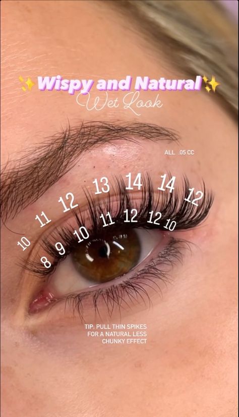 Wispy Eyelash Extensions Diy, Kylie Jenner Lash Mapping, Lash Mapping With Spikes, Eyelash Wet Look, Eye Lash Extensions Styles Natural Wispy, Lash Extensions Kylie Jenner, Wispy Wet Set Lash Map, Wet Eyelash Extensions Map, Eyelash Extensions With Mapping