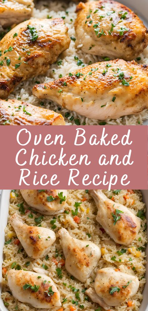 Oven Baked Chicken and Rice Recipe | Cheff Recipes One Pan Oven Chicken And Rice, Baked Chicken With Rice Recipes Ovens, One Pot Chicken Bake, Baked Chicken Over Rice, Chicken Legs In The Oven With Rice, Baked Chicken Over Rice Recipes, Dutch Oven Chicken And Rice Recipes, Baked Chicken Thigh And Rice Recipes, Chicken And Rice Baked In Oven Easy