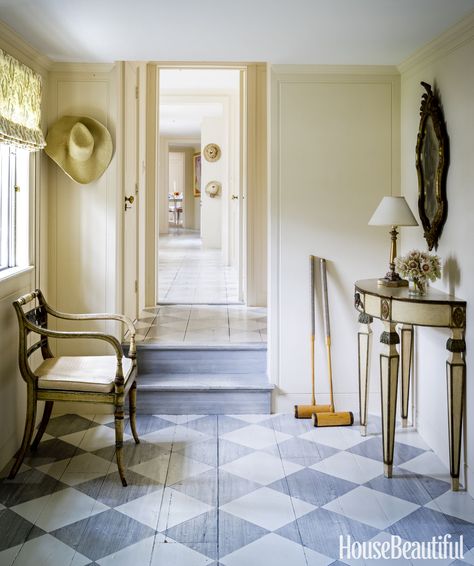 Checker painted wood floor  - HouseBeautiful.com Bunny Mellon, Beach House Tour, Painted Wood Floors, Checkerboard Floor, Painted Floor, Cape Cod House, Up House, Painted Floors, Mud Room