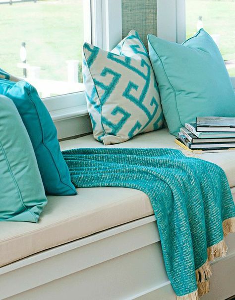 Blue And Green Living Room, Turquoise Cottage, Sunbrella Upholstery Fabric, Sunbrella Pillows, Teal Decor, Teal Bedroom, Window Seats, Bantal Sofa, Coastal Bedrooms