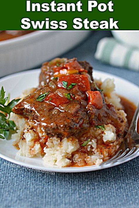 This easy Instant Pot Swiss Steak recipe is made in the pressure cooker with sliced round steak dredged in corn starch and cooked in a peppery tomato beef sauce. Enjoy this updated vintage Swiss steak recipe!  Instant Pot Swiss Steak - Instant Pot Swiss Steak - Easy dinner made with round steak in the pressure cooker and smothered in a tomato beef sauce. Done in about an hour and so good! from Meatloaf and Melodrama #instantpot #beef #easyrecipe #easydinner #foodismedicine #foodiepics #RecipesWi Instant Pot Swiss Steak Recipe, Instant Pot Swiss Steak, Tomato Beef, Swiss Steak Recipes, Round Steak Recipes, Beef Sauce, Swiss Steak, Round Steak, Steak Fajitas