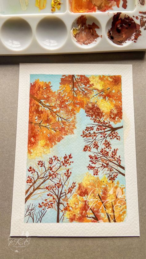 Fall Water Coloring Ideas Easy, Fall Tree Watercolor Painting, Watercolor Painting Easy, Tree Watercolor Painting, Pastel Crayons, Colorful Art Prints, Autumn Illustration, Fall Watercolor, Watercolor Trees