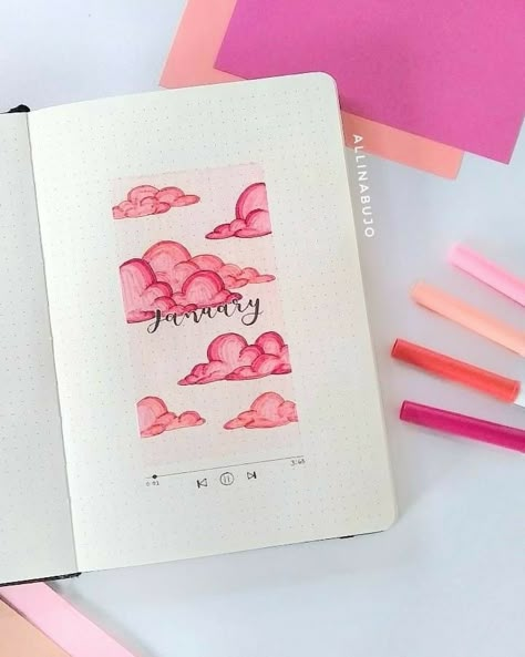 January Journal Page Ideas, Clouds Bujo Theme, Candy Bujo Theme, Cloud Bujo Theme, January Themes Ideas, Cloud Bujo, Bullet Journal January Theme, January Cover Page Bullet Journal, January Bujo Theme