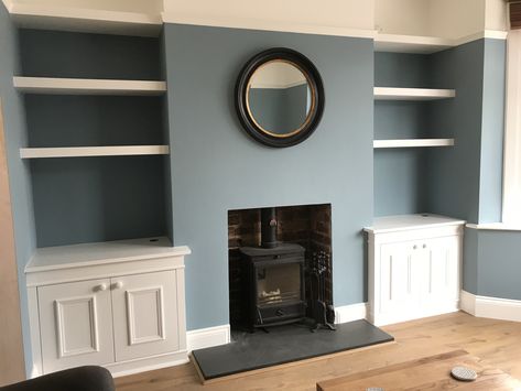 Navy Alcove Living Rooms, Alcove Shelving Living Room, Shelves Around Fireplace, Light Blue Living Room, Alcove Shelves, Alcove Shelving, Navy Blue Living Room, Galley Kitchen Design, 1950s House