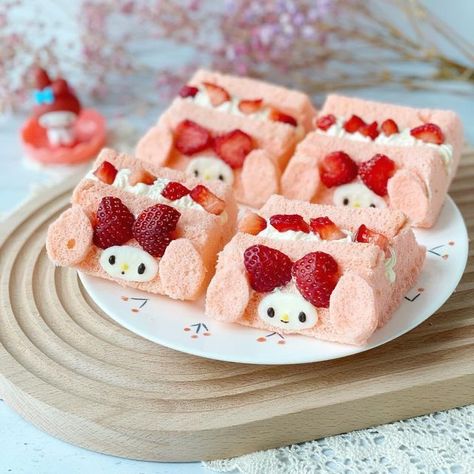 My Melody Dessert, My Melody Food, My Melody Cake, Strawberry Chiffon Cake, My Melody Strawberry, Strawberry Chiffon, Food Polls, Cake Sandwiches, Sanrio Mymelody