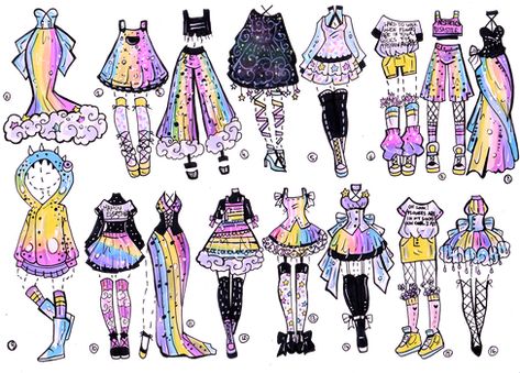 CLOSED-Sky Rainbow outfits by Guppie-Vibes on DeviantArt Sky Rainbow, Clothing Sketches, Clothing Design Sketches, Rainbow Outfit, Drawing Anime Clothes, Fashion Design Drawings, Fashion Design Sketches, Drawing Clothes, Kawaii Drawings