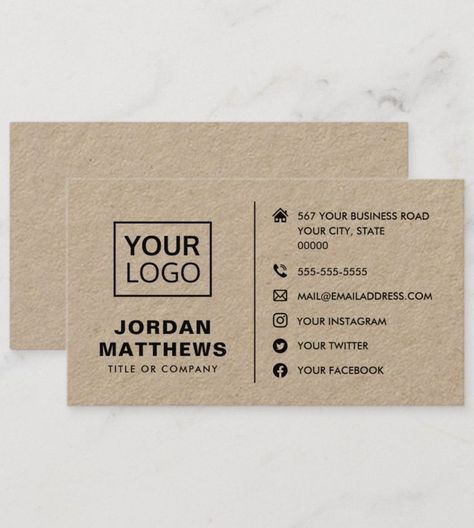 Modern, professional business card design with template fields for name, company name/title, logo (photo or other graphic) and contact information including social media icons. Printed on brown Kraft paper. Change font colors, move and resize elements with the customization tool. Brown Logo Design, Kraft Business Cards, Logo Photo, Paper Business, Church Logo, Professional Business Card Design, Card Inspo, Professional Business Card, Visiting Card