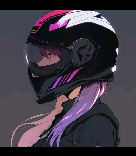 Cartoon Motorcycle Art, Anime Biker Woman, Motorcycle Girl Pfp, Biker Oc Art, Motorcycle Pfp, Drawing Presents, Bike Helmet Women, Purple Helmet, Anime Motorcycle