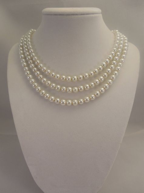 Three Strand Classic Style 6mm White Glass Pearl by Oshiny on Etsy, $28.00 Glass Outfit, Wedding Core, Three Strand Pearl Necklace, The Crown Series, Pearl Necklace With Gold, Three Strand Necklace, Pearl Jewels, Optical Eyewear, Gift Sister