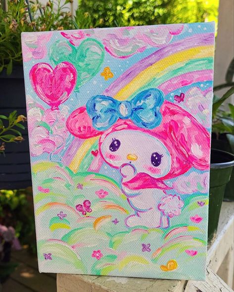 Puffy Paint Art Ideas, Kawaii Acrylic Painting, Cutecore Painting, Oil Pastel Cartoon, Sanrio Painting Canvas, Sanrio Painting, Clothes Hello Kitty, Kawaii Painting, Painting On Clothes