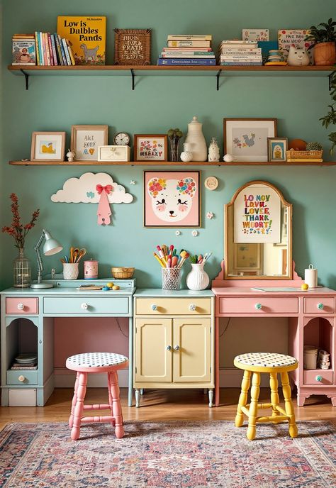 Boho Playroom Ideas Playroom Art Area, Boho Playroom Ideas, Kids Art Area, Colourful Playroom, Wildflower Mural, Pastel Playroom, Boho Playroom, Rainbow Mural, Colorful Playroom