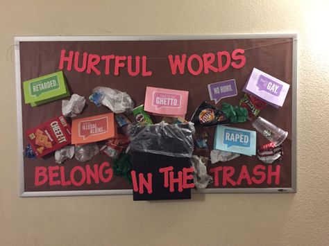 Hurtful words belong in the trash RA inclusive language bulletin board Res Life Bulletin Boards, Resident Assistant Bulletin Boards, Bucket Filler, Interactive Bulletin Boards, Interactive Bulletin Board, Ra Bulletins, Door Decs, Res Life, Ra Bulletin Boards