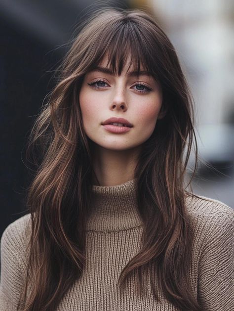 Top Long Haircuts with Bangs: Timeless and Trendy Styles Long Haircut Fringe, Full Bangs Long Hair Straight, Long Hair Bangs Haircut, Curtain Bangs Long Straight Hair, French Fringe Bangs, Full Bangs Long Hair, Long Straight Hair With Bangs, Summer Bangs, Shaggy Bangs