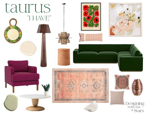 Our design for a typical Taurus room, based on sun sign characteristics. Taurus Interior Design, Taurus House, Taurus Aesthetic Room Decor, Taurus Room Aesthetic, Taurus Sun Sign, Virgo Astrology, Interior Design Images, Aries Taurus, Leo Virgo