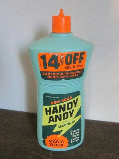 Vintage 1960s bottle of Handy Andy  with ammonia cleaner - Lever Brothers 1960s Decor, Vintage Laundry, Book Cover Illustration, Retail Signs, Childhood Days, Vintage Packaging, Retro Advertising, Household Cleaners, Retro Ads