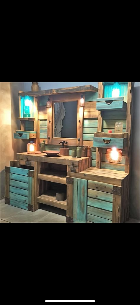 Pallet Projects Furniture Bedrooms, Pallet Bathroom Ideas, Pallet Vanity, Rustic Closet, Pallet Bathroom, Palette Furniture, Country Bedroom Decor, Furniture Remodeling, Pallet Furniture Designs