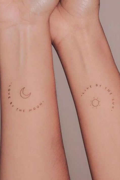 Set Tattoo Friends Minimal, Mini Friendship Tattoos Best Friends, Long Friendship Tattoos, Night And Day Tattoos Sisters, Matching Tattoos But Different, Fine Line Sun And Moon Tattoo Matching, Matching Tattoos For Best Friends Small Meaningful, Best Friend Tattoos Spiritual, Best Friend Tattoos Stars