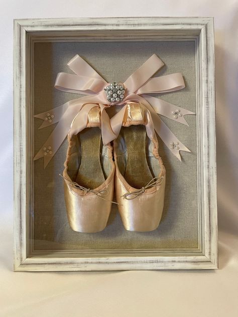 Pink Pointe Shoes in a Shadow Box with Decorated Ribbons for room or home decoration. Item dimensions 14x11 Decorated Pointe Shoes Diy, Pointe Shoe Decorations Ideas, Sixteen Candles Movie, Pink Pointe Shoes, Decorated Pointe Shoes, Ballet Room, Ballerina Room, Ballet Pointe Shoes, Dance Rooms