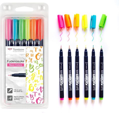 Tombow Fudenosuke Lettering, Tombow Fudenosuke Brush Pen, Tombow Fudenosuke, Art Pens And Markers, Neon Colours, Brush Pens, Art Pens, Neon Color, Crafts Sewing