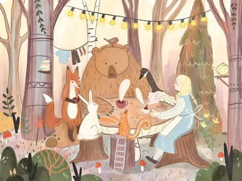 Tea Party In The Woods, Tea Party Illustration, Cake Forest, Animal Tea Party, Party In The Woods, Canva Inspiration, Party Illustration, Giant Mushroom, Winter Illustration