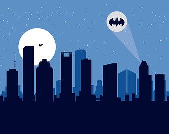 Bat Signal In Sky, Princess Training, Gotham City Skyline, Superhero City, Camp Party, Batman Inspired, City Skyline Silhouette, Houston Art, Houston Skyline