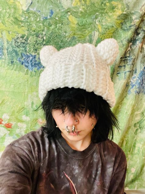 Finn the Human inspired beanie! made from a chunky yarn gives you finn's little ears in a flattering and fashionable way :> Finn The Human Crochet Hat, Crochet Finn Hat, Finn The Human Hat, Finn Hat, Emo Boy Art, Bernat Softee Chunky Yarn, Tomboy Haircut, Dark Forest Aesthetic, Cute Beanies