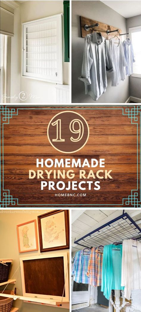 DIY Drying Racks can be a great way to adopt environmentally-friendly laundry practices without sacrificing style. These racks offer a convenient way to dry delicates or replace your electric dryer, helping you save on electricity usage. What's even better is that these 19 DIY drying racks are not only functional but also look divine. By using these drying racks, you can upgrade both your laundry routine and laundry room. Hanging Clothes Racks Laundry Room, Laundry Room Ideas For Hanging Wet Clothes, Drying Rack Above Washer And Dryer, Diy Laundry Drying Rack Hanging Clothes, Diy Laundry Room Hanging Rod, Diy Drying Rack Laundry Small Spaces, Drying Racks For Small Laundry Rooms, Diy Clothes Dryer Rack, Diy Ceiling Mounted Drying Rack