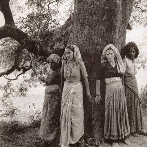 The Chipko movement or chipko andolan was primarily a forest conservation movement in India that began in 1973 and went on to become a rallying point for many future environmental movements all over the world; it created a precedent for non-violent protest started in India.It occurred at a time when there was hardly any environmental movement in the developing world, and its success meant that the world immediately took notice of this non-violent movement, which was to inspire in time many su... Chipko Movement, Women Standing, Wow Photo, Women's Circle, Tree Hugger, Photo Vintage, Uttar Pradesh, One Tree, Vintage Photographs