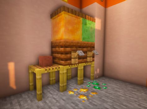 Minecraft Juice Dispenser, Honey Minecraft Builds, Minecraft Drink Machine, Potion Shop Minecraft Interior, Brewing Stand Minecraft, Food Stand Minecraft, Honey Shop Minecraft, Minecraft Fruit Stand, Minecraft Counter