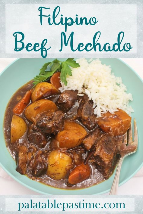 Filipino Beef Mechado (Slow Cooker) is a tender beef stew  with the usual veggies but cooked  on an aromatic soy based sauce, Delicious served with rice. Mechado Recipe, Filipino Beef Stew, Beef Mechado, Gluten Free Beef Stew, Tender Beef Stew, Slow Cooker Recipes Beef Stew, Beef And Potato Stew, Stew And Dumplings, Stew Meat Recipes