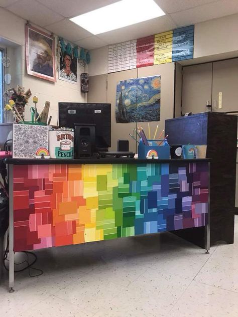 Rainbow Desk Decor, Diy Rainbow Classroom Decor, Paint Chip Bulletin Board, Art Teacher Desk Organization, Preschool Front Office Ideas, Preschool Art Room Decor Classroom Ideas, Cheap Easy Classroom Decor, Art Room Windows, Paint Chip Decor