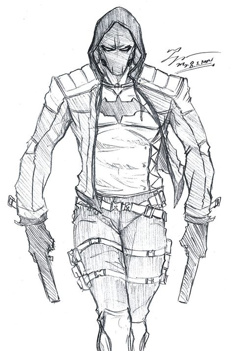 Sketch by tryvor on DeviantArt Comic Book Drawing Sketches, Drawing Superheroes Sketches, Red Hood Sketch, Hood Sketch, Drawing Ideas Beginner, Batman Art Drawing, Batman Drawing, Warrior Drawing, Drawing Superheroes