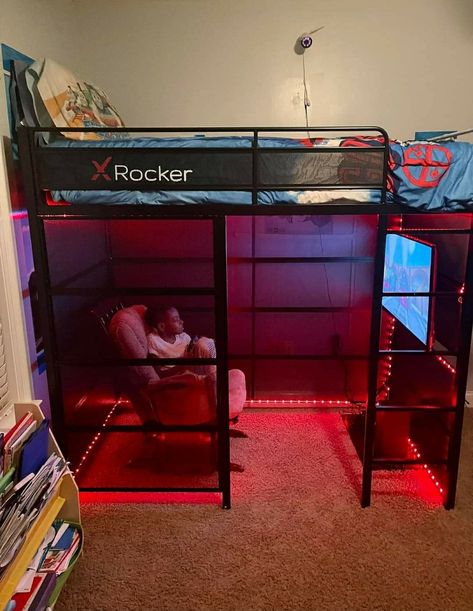 Boys Loft Bedroom, Gamer Bedroom Ideas, Gaming Bedroom Ideas, Boys Game Room, Gaming Bedroom, Gamer Bedroom, Boys Bedroom Makeover, Kids Loft Beds, Boy Bedroom Design