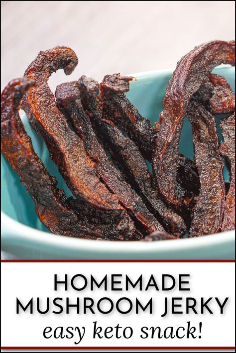 blue dish with air fryer mushroom jerky and text Fruit Jerky Recipes, Air Fryer Jerky, Home Made Jerky, Beef Jerky Recipe Air Fryer, Mushroom Jerky Recipe Dehydrator, Air Fryer Beef Jerky, Mushroom Jerky Dehydrator, Mushroom Jerky Recipe, Dehydrating Eggs