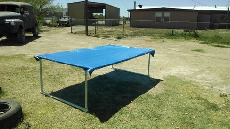 Diy dog shade. Pvc and a tarp Diy Dog Shade, Shade For Dogs, Dog Maltipoo, Dogs House, Dog Backyard, Shade Ideas, Doggie Daycare, Elevated Dog Bed, Outdoor Dog Bed