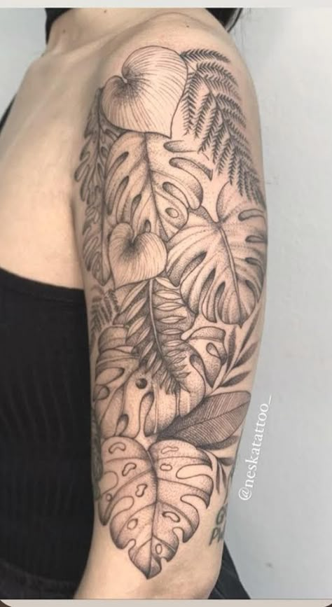 Leaves Half Sleeve Tattoo, Arm Plant Tattoos For Women, Plant Sleeve Tattoo Botanical Drawings, Hawaiian Leaves Tattoo, Monstera Plant Tattoo Design, Monstera Leg Tattoo, Plant Inspired Tattoos, Houseplant Tattoo Sleeve, House Plant Tattoo Sleeve