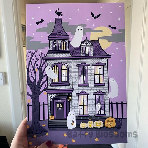 A digital painting of an old haunted house, filled with ghosts who are getting ready to celebrate Halloween! They’ve put the pumpkins outside to welcome the Trick or Treaters but who will be knocking on their door next? Painted by hand by me using a digital tablet in Procreate. I designed this image to be spooky but fun! There are lots of little details here to enjoy and is perfect for anyone who loves a bit of Halloween on display all year round. My inspiration for this is my love for old gothi Old Haunted House, Halloween Art Drawing, Haunted House Drawing, Halloween Digital Art, Casa Halloween, House Cartoon, Trick Or Treaters, Spooky House, Halloween Artwork