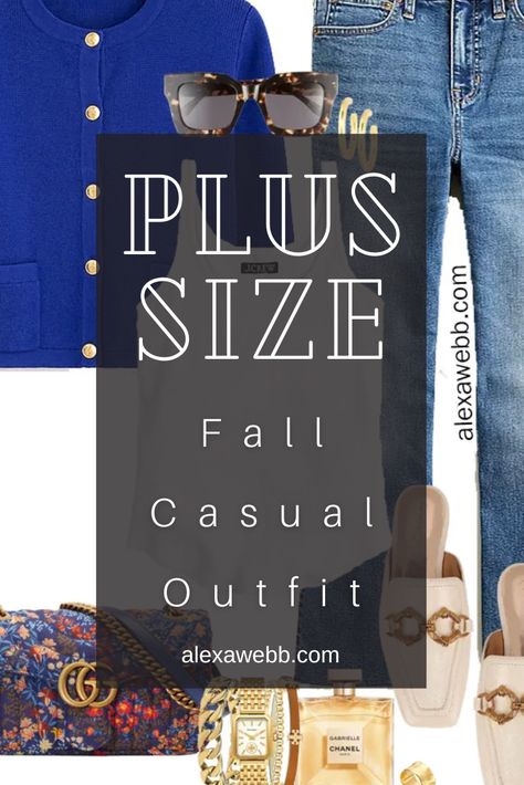 Plus Size Lady Jacket Outfits - Part 2 - A plus size outfit for fall with a bright blue lady jacket from J.Crew with demi-boot jeans and mules by Alexa Webb. Blue Plus Size Outfits, Plus Size Jean Jacket Outfits, Plus Size Jean Jacket, Meghan Markle Outfits, Alexa Webb, Hot Pink Bag, Green Jacket Women, Fall Casual Outfits, Lady Jacket